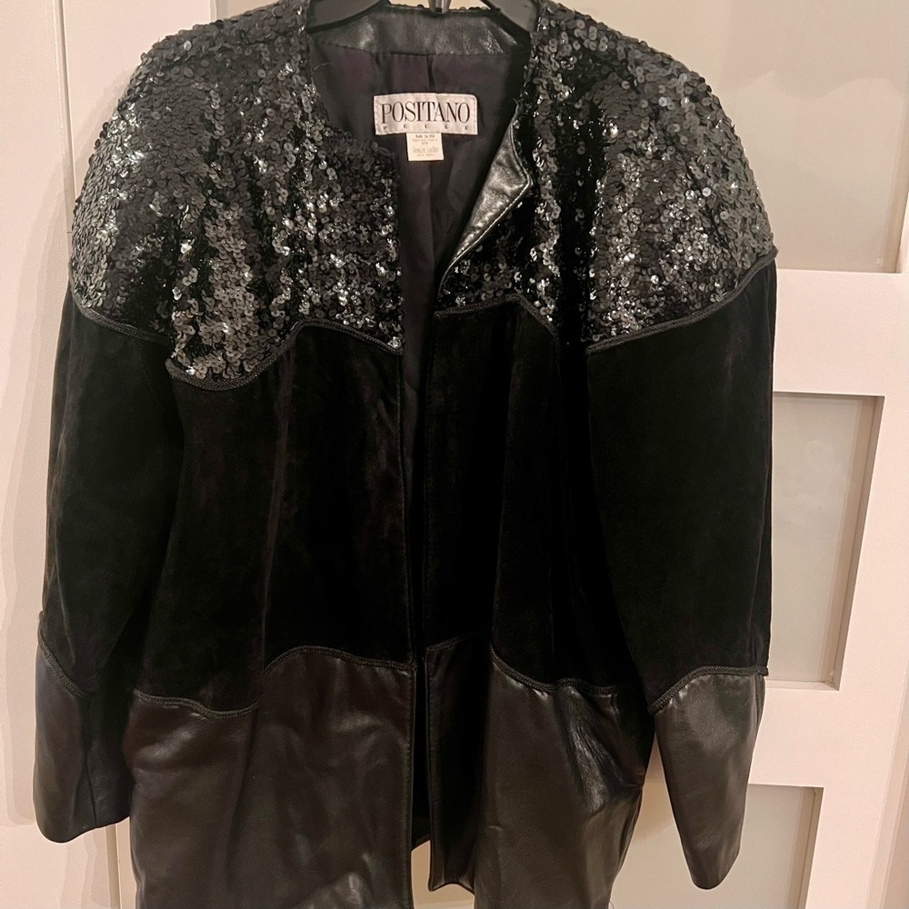 POSITANO PELLE vintage leather, suede and sequined jacket. Made in USA. Size S